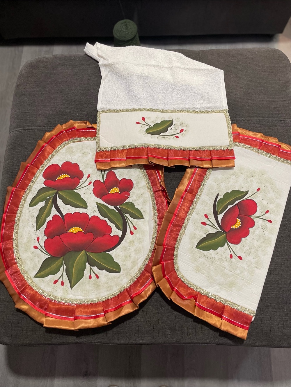Hand-Painted Red Floral Kitchen Towel Set